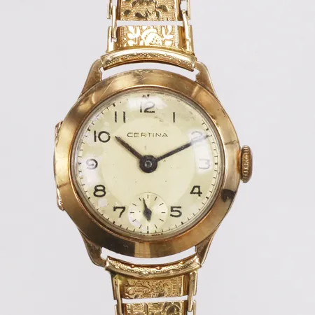 Damur, Certina , boett i 18K, manuell, Ø21,5mm, med x-länk i 18K, längd ca17,5mm, bredd 5-22mm, behov av batteribyte, fläckig urtavla, bruttovikt 16,2g