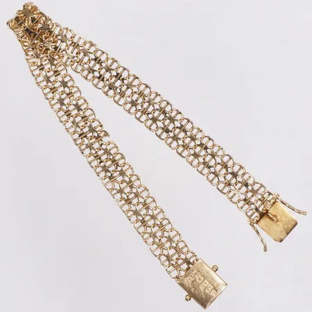 Armband, x-länk med stav, längd 19,5cm, bredd 10mm, Södra Ädelsmedjan Karlsson & Co, år 1966, defekt viss stav, 18K Vikt: 13,4 g