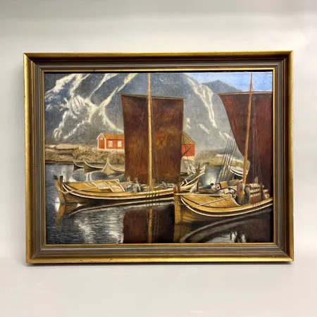 Tavla, olja på duk, Skutor, troligen Xylografen Kalle Andersson 1853-1942 Grisslehamn, signerad 1930, 60x80cm, nagg på ram, ram behov av översyn. OBS! Skickas ej.  Vikt: 0 g Specialfrakt, kontakta pantbankskontoret för mer information.