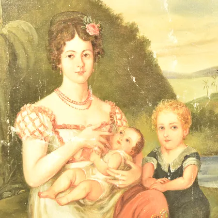 Tavla, oljemålning, kvinna med barn, A tergo, Josepha Maria Dios Granados gift med Grefve Fredrik Adlercreutz, år 1825, skador/avskrap på motiv, rammått 33x42½ cm. Skickas med postpaket.