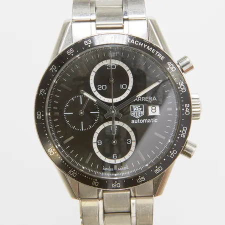Herrur Tag Heuer Carrera, stål, automatisk, 41mm, ref: CV2010-3, snr: EWD4194, Cal. 16, safirglas, datum, kronograf, glasbaksida, stållänk, viklås, inga tillbehör