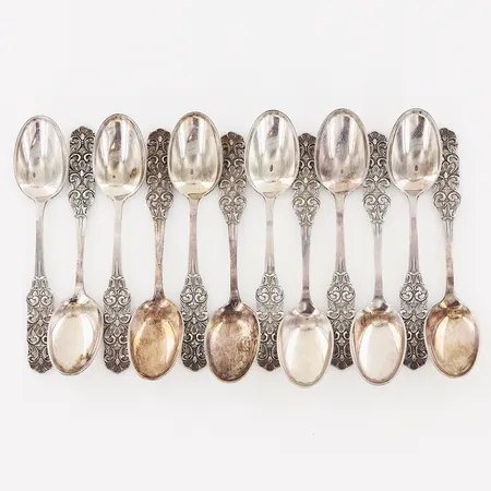 12 kaffeskedar 115mm, svensk importstämpel, silver 830/1000. Vikt: 125,9 g