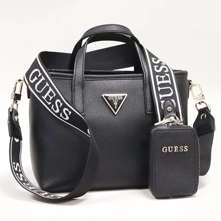 Väska Guess "La Tona Mini Tote", svart konstläder, detaljer i gulmetall, 22x17x10cm, (den mindre innerväskan saknas), avtagbar axelrem i canvas med liten fläck, inga tillbehör.