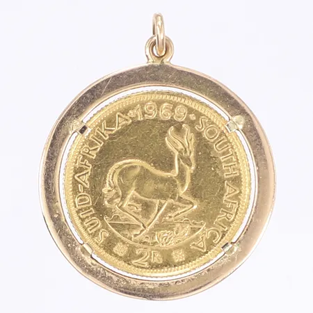 Hänge mynt, South Africa 2 Rand, 1969, Ø22mm, ram 18K, 33mm inklusive ögla, bredd 28mm, 22K/18K Vikt: 10,6 g