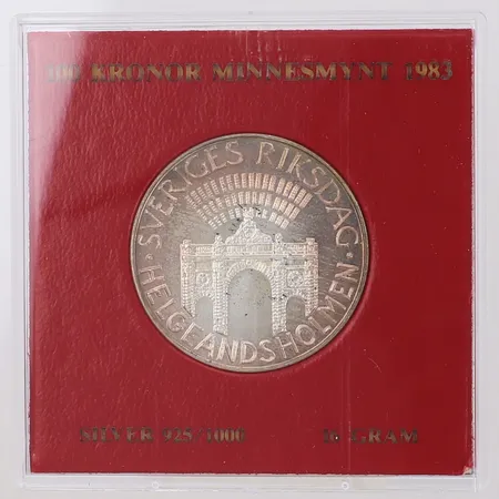 Minnesmynt, 100KR, Sveriges Riksdag Helgelandsholmen, Ø32mm, år 1883, silver 925/1000 Vikt: 15,8 g