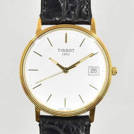 Herrur Tissot 14K, boett Ø34 mm, quartz, datum, läderband, graverad bakboett, behov av batteribyte, etui, bruttovikt 31,0g