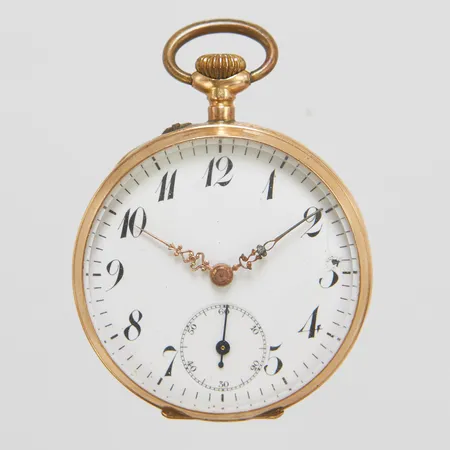 Mormorsur, 14K, Ø33mm, innerboett i oädel metall, boettnr: 14067, defekt, går ej, kronan lös/av, skadad urtavla, bucklig bakboett, bruttovikt 28,0g