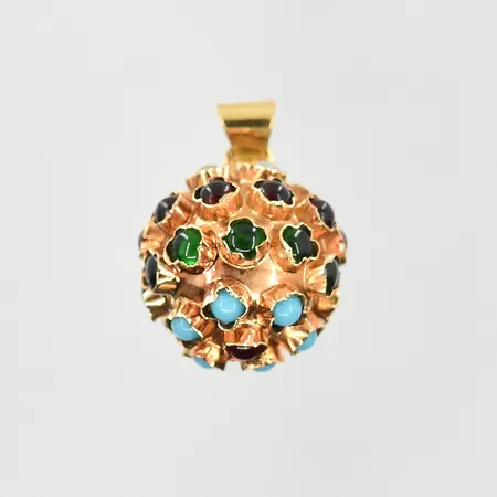 Hänge med färgstenar, längd 22 mm, Ø14 mm, 18K. Vikt: 2,7 g