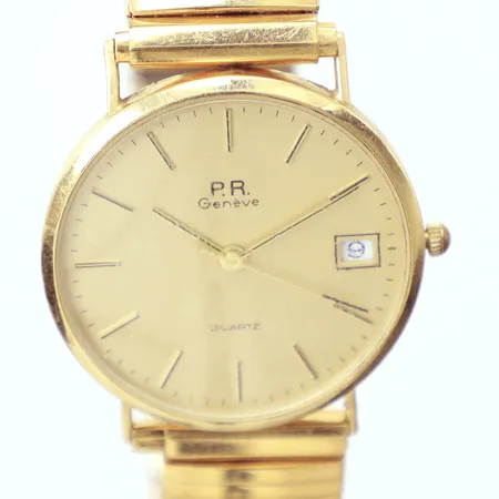 Herrur PR, Geneve , quartz, skadad boett, behov av batteribyte, Ø32mm, datum, flexband, 18k