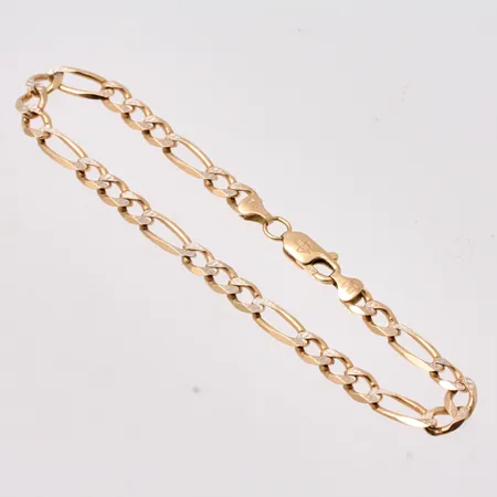 Armband i 18K guld, 19cm, Figaro, bredd 4,8mm, mönster på facetter som är rodinerat, vikt  8,34g.