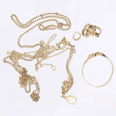 Diverse guld, bl a hänge med pärla och diamant ca 0,005ct, trassligt, defekt, skevt, 18K Vikt: 9,2 g