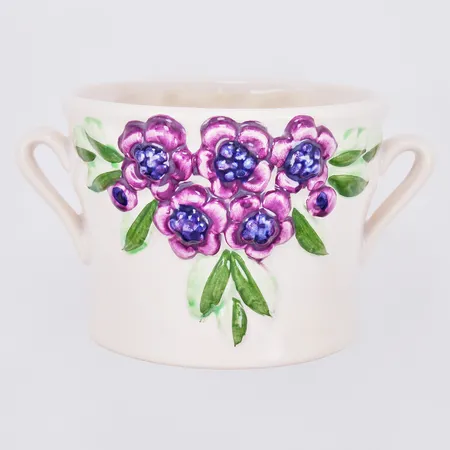 Kruka med blommotiv, höjd 8,5cm, Ø 10-11,5cm, design Rosa Ljung, Deco Keramik Helsingborg, porslin, spricka i ena kanten