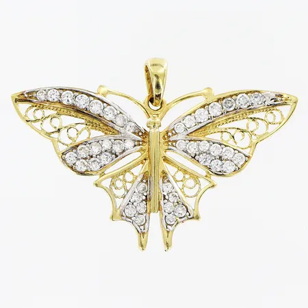 Hänge fjäril, vita stenar, 25x35mm, 14K Vikt: 3,5 g