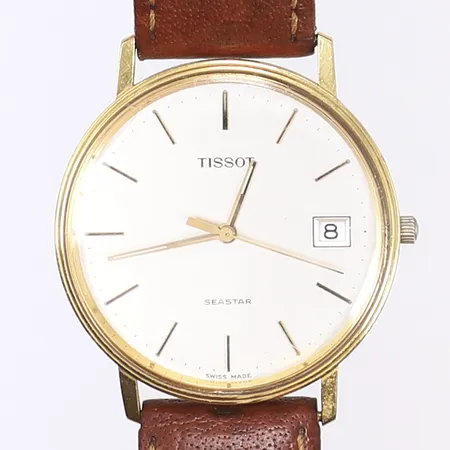 Herrur Tissot, Ø33,5mm, quartz, defekt, tjänstegravyr, boett i 18K Vikt: 0 g