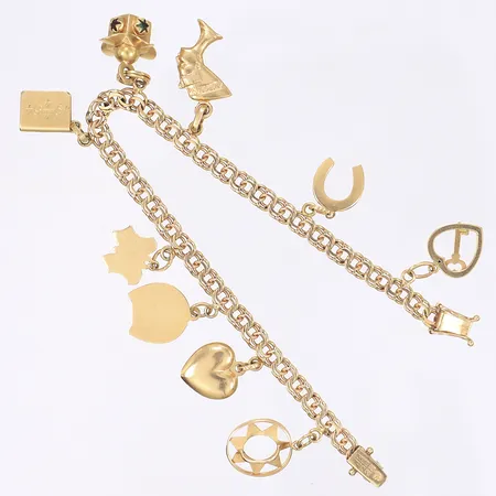 Armband, Bismarck, med nio berlocker/hängen varav ett med små färgade stenar, längd 17cm, bredd 5mm, tillverkat i Sverige 1964, bruksslitage, en berlock med gravyr (1964), 18K Vikt: 14 g