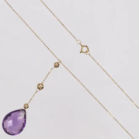 Collier, lila sten, kulor, 45,5cm, hängdel ca 50mm, 14K Vikt: 2 g