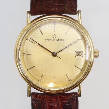Herrur Eterna Matic 14K Ø34mm, boett nr. 633-2161-65 snr. 395, automat, datum, glasbaksida, läderband med slitage, bruttovikt 43,1g