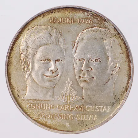 Mynt, 50kr, 19 juni 1976, Konung Carl XVI Gustaf Drottning Silvia, Ø36mmm, silver 925/1000 Vikt: 26,7 g