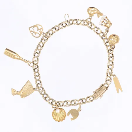 Armband Bismarck med berlocker, kistlås, längd 18cm, bredd 5mm, en berlock defekt, 18K Vikt: 13 g