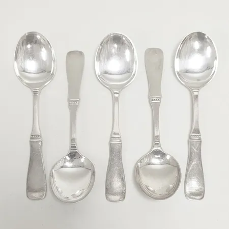 5 Dessertskedar, modell: Uppsala, längd: 155mm, MGAB, Lidköping, 1966-1972, repiga, silver, 830/1000 Vikt: 160 g