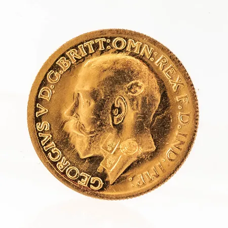 Mynt, GEORGIVS V D.G. BRITT: OMN: REX F. D. IND: IMP: 1914, Ø 22mm, 21K. Vikt: 8,0g Vikt: 8 g