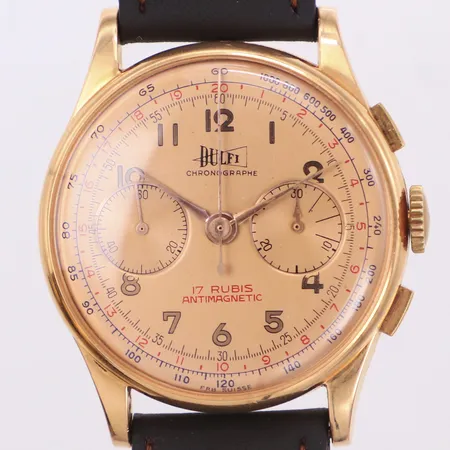 Herrur Dulfi Chronographe 18K, manuell, plexiglas, Ø38mm, kronograf, innerboett i metall, läderband ej original, bruksskick, inga tillbehör