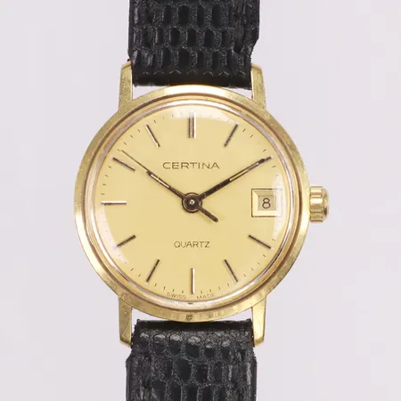 Damur, Certina, 18K, quartz, Ø22mm, svart läderband, gravyr, batteribyte krävs, Bruttovikt 13,7gram Vikt: 0 g
