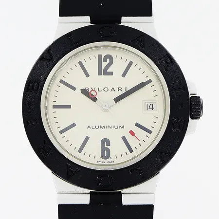 Herrur Bvlgari "Diagono", aluminium, automatisk, Ø38mm, datum, sekundvisare, nr AL 38 A/L6951, original gummilänk 24cm, törnlås i aluminium med logga, inga tillbehör. 