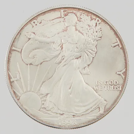 Silvermynt, 1 Dollar "American Silver Eagle", Ø40,6mm, präglat år 1998, 999/1000 silver, 31,1g.