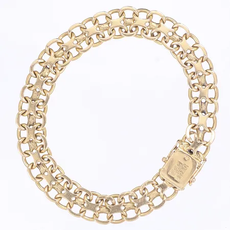 Armband X-länk, kistlås, svenska stämplar, längd 20cm, bredd 10mm, ena låsåttan defekt, 18K Vikt: 27,5 g