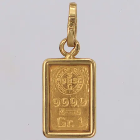 Hänge guldtacka, längd 19,2mm, bredd 7,4mm, 24K 1g, Bank of Switzerland, nr 0147, ram i 18K