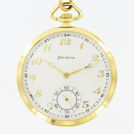Fickur Helvetia, 14K, enkel boett, manuell, Ø47mm, vit urtavla, liten sekundvisare, nr 3623902, bruttovikt 46,8gram, skinnfodral, klockkedja 15cm i gulmetall, inga övriga tillbehör.