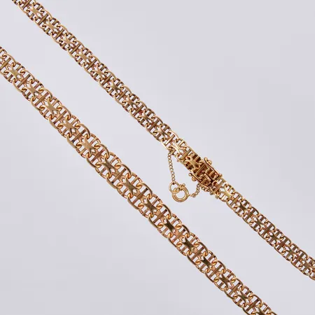 Collier doserad X-länk med stav, Hedens Guldsmeds Ab Bröderna 1963, längd ca 44,3mm, bredd ca 5-8mm, med säkerhetskedja, 18K Vikt: 20,5 g