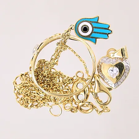 Guldsmycken, med vita stenar, delvis vitguld, defekta, buckliga, 18K  Vikt: 5,7 g