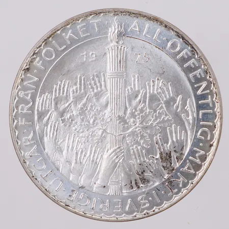 Mynt, 50kr, år 1975, All offentlig makt i Sverige utgår ifrån folket, Ø36mm, silver 925/1000 Vikt: 26,9 g
