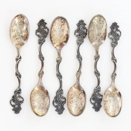 6 kaffeskedar 104mm, norsk modell, silver 830/1000. Vikt: 47,9 g