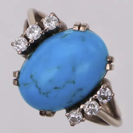 Ring med diamanter 6xca0,03ct och turkos sten, stl 17½, bredd 2,2-14mm, Sengels Guldsmedja Ab, vitguld, 18K Vikt: 7 g