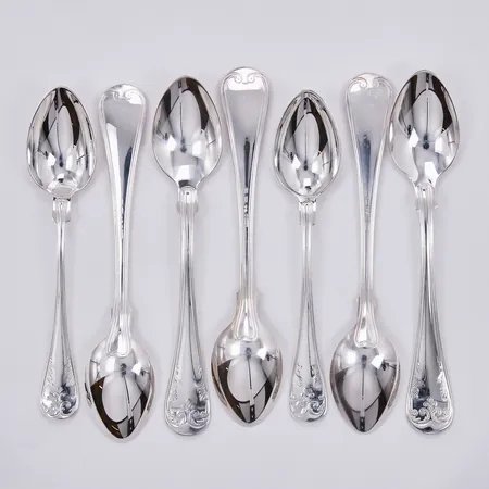 Sju moccaskedar, modell Gammal Fransk, längd: ca 10,6cm, GAB/MEMA, 830/1000 Silver Vikt: 96,1 g