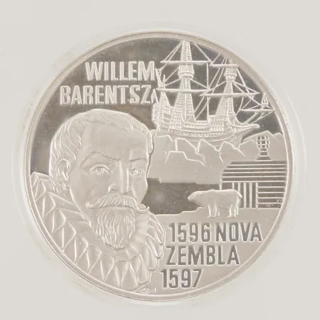 Silverynt, 50 Euro - Beatrix Willem Barentsz, Ø38mm, präglat år 1996 för att högtidlighålla 500årsjubileet av Barentsz övervintring i Nova Zembla, plastetui, 925/1000 silver, 25,0g.