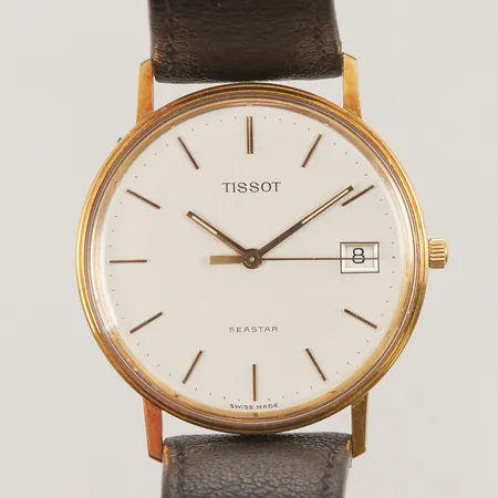 Herrur Tissot Seastar 18K, 33,5mm, 18K, quartz, går ej, gravyr, läderband, box.