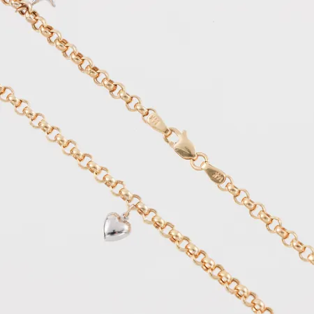 Armband med 5 st berlocker, längd ca 23 cm, 14k. Vikt: 4,3 g