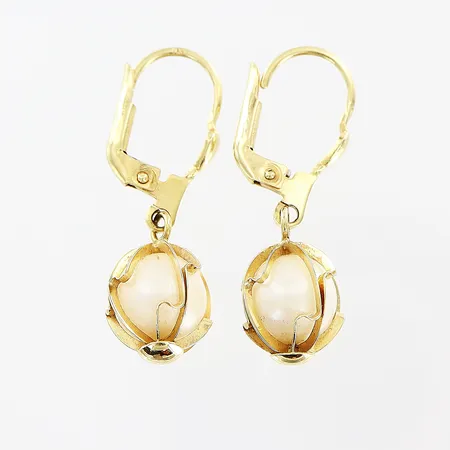 Ett par örhängen med odlad pärla, 30x10mm, krokfäste med metallskena, 14K. Bruttovikt: 3,9gram.  Vikt: 3,9 g