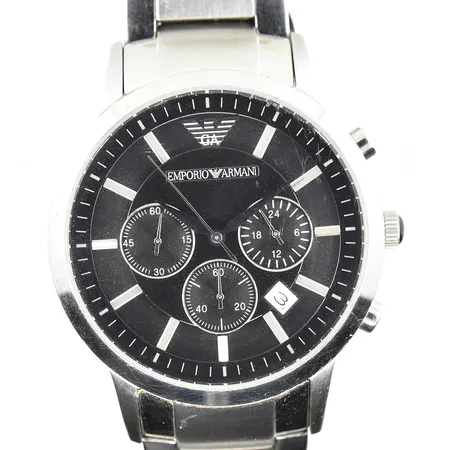 Herrur Emporio Armani, boett Ø43 mm, quartz, satum, kronograf, stål, refnr AR-2434, serienr 111602, repig länk samt glas, bruksslitage, behov av batteribyte, manual, box, ytterkartong.
