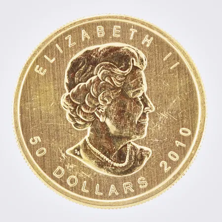 Guldmynt, Elizabeth II 50 dollars 2010, Ø ca 30mm, CANADA,  Finegold 1 oz or pur, 999/1000 24K  Vikt: 31,1 g