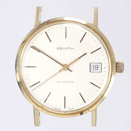 Herrur Zenith Movado Surf, Ø34mm, quartz, datum, cal ETA 954.11, boett 14K, boettnummer 36.0530.425, går ej, bucklig boett, sliten krona ej guld, Bruttovikt: 25,3g Vikt: 0 g