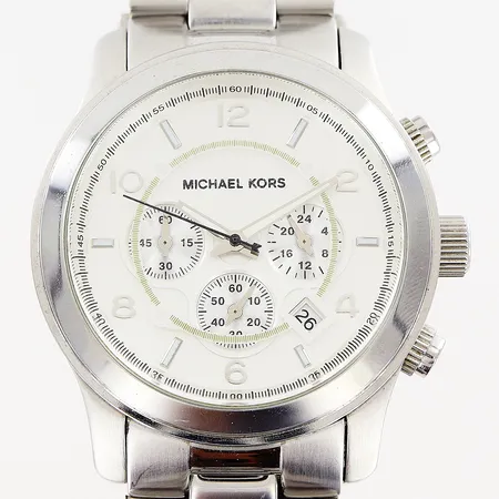 Armbandsur Michel Kors,  MK-8086, stål, quartz, vit urtavla, datum, sekundvisare, kronograf, länk 17cm, extra länkbitar 35mm, i behov av batteribyte, bok, box.