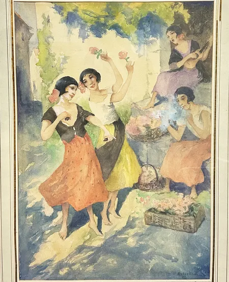 Tavla, Akvarell, Allan Österlind, signerad, bildmått ca34x49cm, yttermått inklusive ram: ca52x67cm, träram i guldfärgad, slitage och missfärgningar på ram, dekorativ guldfolierad kantlist snemonterad, ej examinerad ur ram, skickas med postpaket Skickas med postpaket.