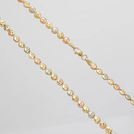 Collier, längd: 43,2cm, bredd: 4,6mm, trefärgad, flera brott på länken, 14K Vikt: 10,1 g