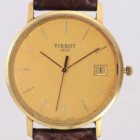Herrur Tissot 18K, quartz, gårej, datum, gravyr, brunt läderband slitet, box, ytterkartong sliten