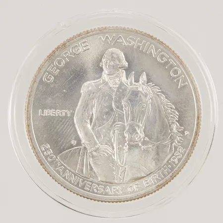 Silvermynt, ½ Dollar George Washington, Ø30,6mm, präglat år 1982, plastetui, 900/1000 silver, 12,5g.